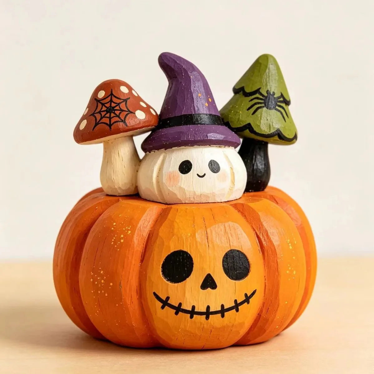 Halloween Wooden Tabletop Decor, Hand-Painted Owl Ghost Pumpkin & Vampire Cat Figurines for Shelf Mantel Party Decoration
