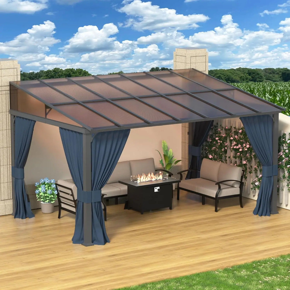 10' x 14' Lean to Gazebo,Large Wall Mount Heavy Duty Gazebos Pavilion,Outdoor Hardtop Pergola Shelter with Curtains, Customized