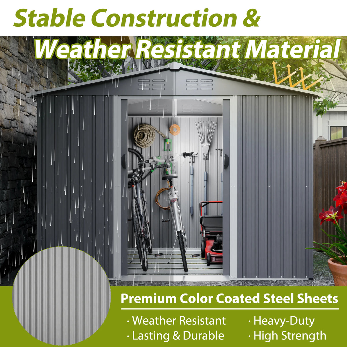 8x6 FT Outdoor Tool Shed, Metal Foundation, Lockable Sliding Doors, All-Weather, Gray, for Garden, Patio, Backyard