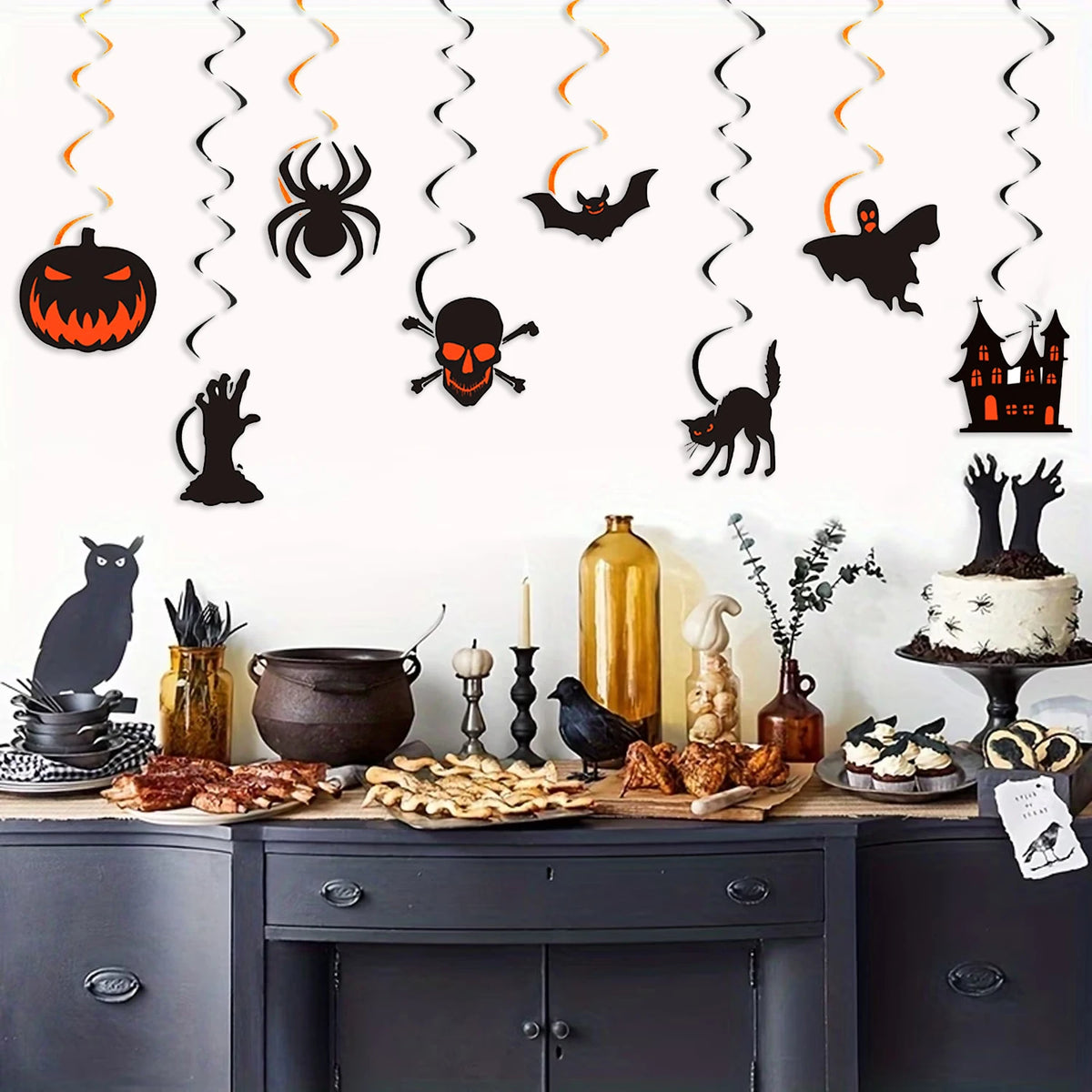 Halloween Hanging Swirl Decorations, Pumpkin Spider Bat Skull Ghost Black Cat Cutout Ceiling Streamer Party Decor