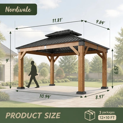 Nordivale 10x12FT Fragrant Fir Wood Hardtop Gazebo Permanent Wooden Pavilion Galvanized Iron Double Roof Outdoor Canopy for Patio Garden Deck Natural