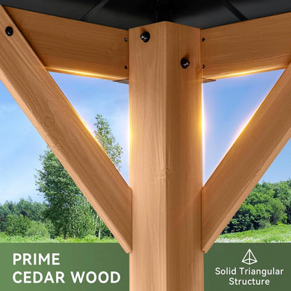 Nordivale 10x12FT Fragrant Fir Wood Hardtop Gazebo Permanent Wooden Pavilion Galvanized Iron Double Roof Outdoor Canopy for Patio Garden Deck Natural