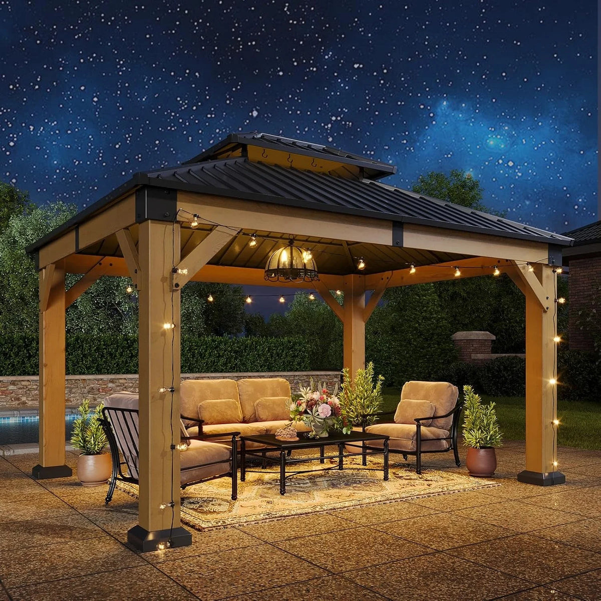 Nordivale 10x12FT Fragrant Fir Wood Hardtop Gazebo Permanent Wooden Pavilion Galvanized Iron Double Roof Outdoor Canopy for Patio Garden Deck Natural