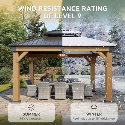 Nordivale 10x12FT Fragrant Fir Wood Hardtop Gazebo Permanent Wooden Pavilion Galvanized Iron Double Roof Outdoor Canopy for Patio Garden Deck Natural