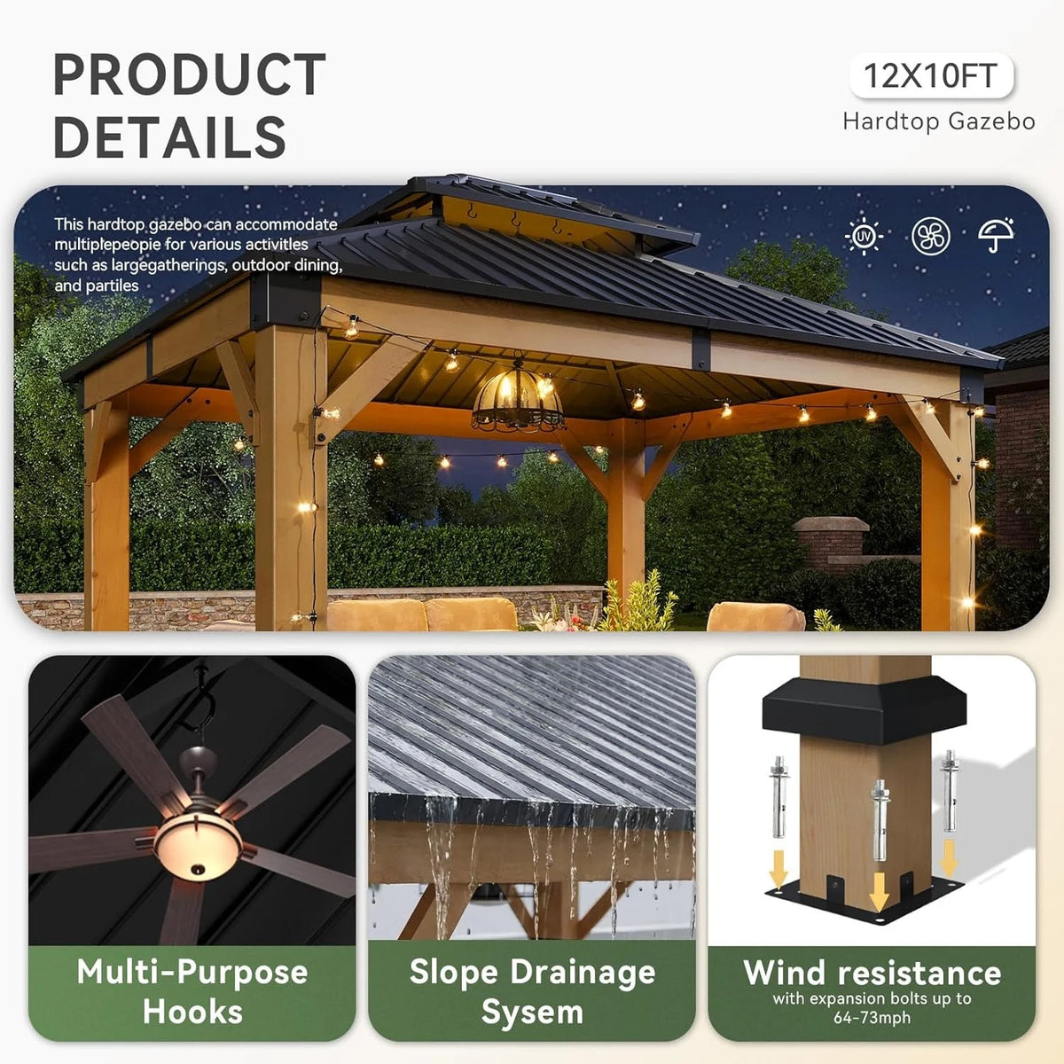 Nordivale 10x12FT Fragrant Fir Wood Hardtop Gazebo Permanent Wooden Pavilion Galvanized Iron Double Roof Outdoor Canopy for Patio Garden Deck Natural