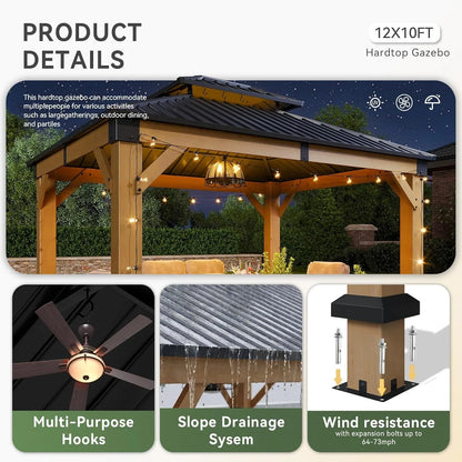 Nordivale 10x12FT Fragrant Fir Wood Hardtop Gazebo Permanent Wooden Pavilion Galvanized Iron Double Roof Outdoor Canopy for Patio Garden Deck Natural
