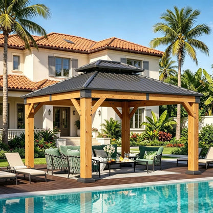 Nordivale 10x12FT Fragrant Fir Wood Hardtop Gazebo Permanent Wooden Pavilion Galvanized Iron Double Roof Outdoor Canopy for Patio Garden Deck Natural