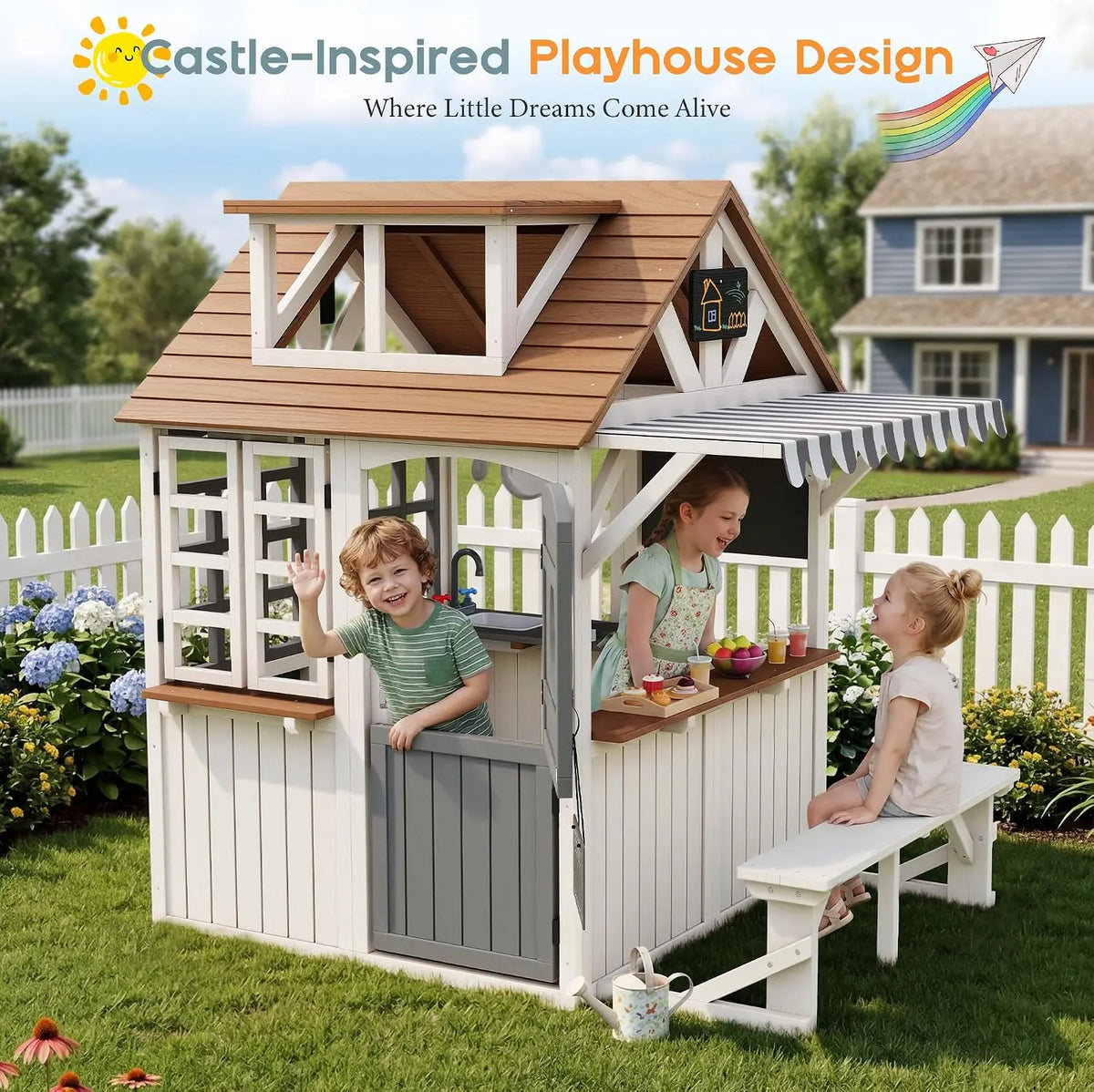 Durable Fir Wood Outdoor Kids Playhouse,Waterproof Roof With Kitchen Set & Chalkboard, Custom