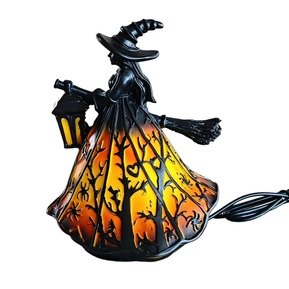 Halloween Spookys Witch Lantern Decor 3D Gothic Resin Brooms Figurine Porch Decorative Table Lamp Party Atmosphere Decor