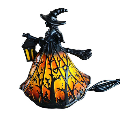 Halloween Spookys Witch Lantern Decor 3D Gothic Resin Brooms Figurine Porch Decorative Table Lamp Party Atmosphere Decor
