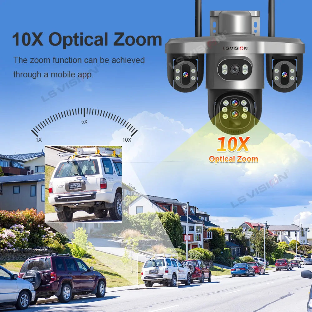 LS VISION 10X Optical Zoom 20MP 4G /Wifi Solar Camera Outdoor 3 Screens 3 PTZ 360° Auto Tracking IP Surveillance Camera V380 Pro