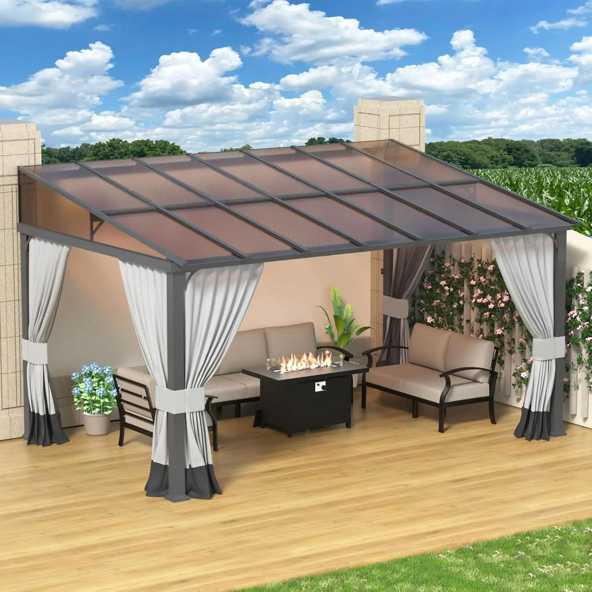 10' x 14' Lean to Gazebo,Large Wall Mount Heavy Duty Gazebos Pavilion,Outdoor Hardtop Pergola Shelter with Curtains, Customized