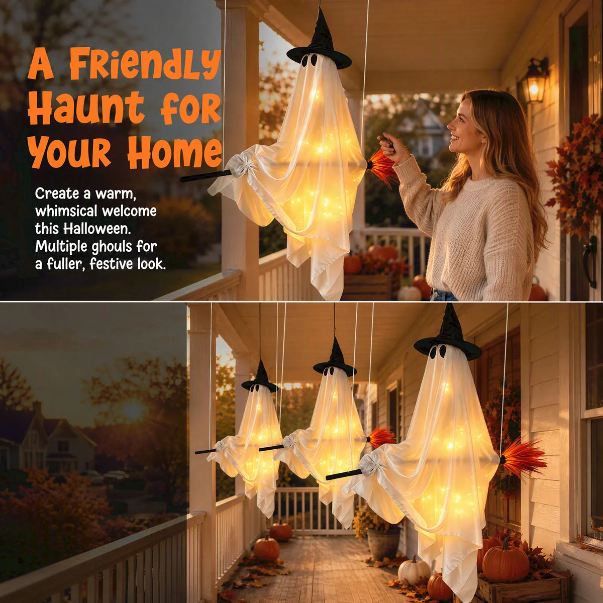 Indoor Halloween Decoration Hanging Ghost Flying Broomstick Ornament Witch Hat LED Light Outdoor Yard Decor