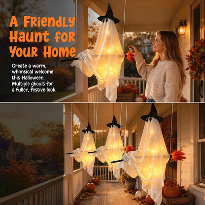 Indoor Halloween Decoration Hanging Ghost Flying Broomstick Ornament Witch Hat LED Light Outdoor Yard Decor