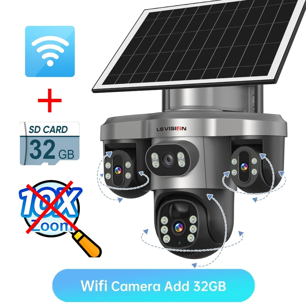 LS VISION 10X Optical Zoom 20MP 4G /Wifi Solar Camera Outdoor 3 Screens 3 PTZ 360° Auto Tracking IP Surveillance Camera V380 Pro