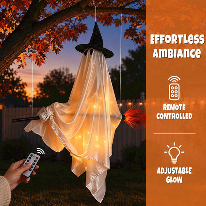Indoor Halloween Decoration Hanging Ghost Flying Broomstick Ornament Witch Hat LED Light Outdoor Yard Decor