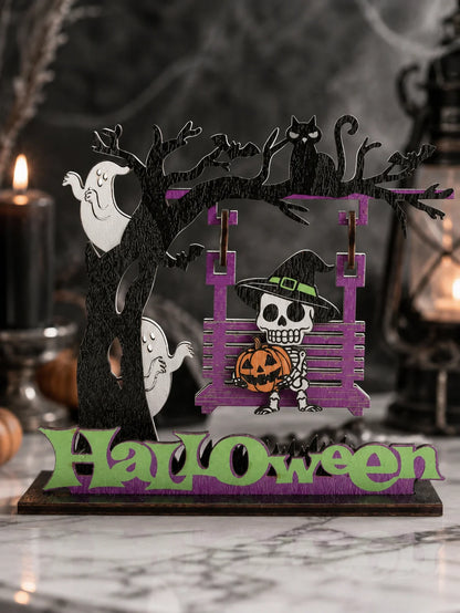 Halloween Wooden Table Decor, Ghost Skeleton Swing Ornament, Pumpkin Bat Spooky Party Home Decoration