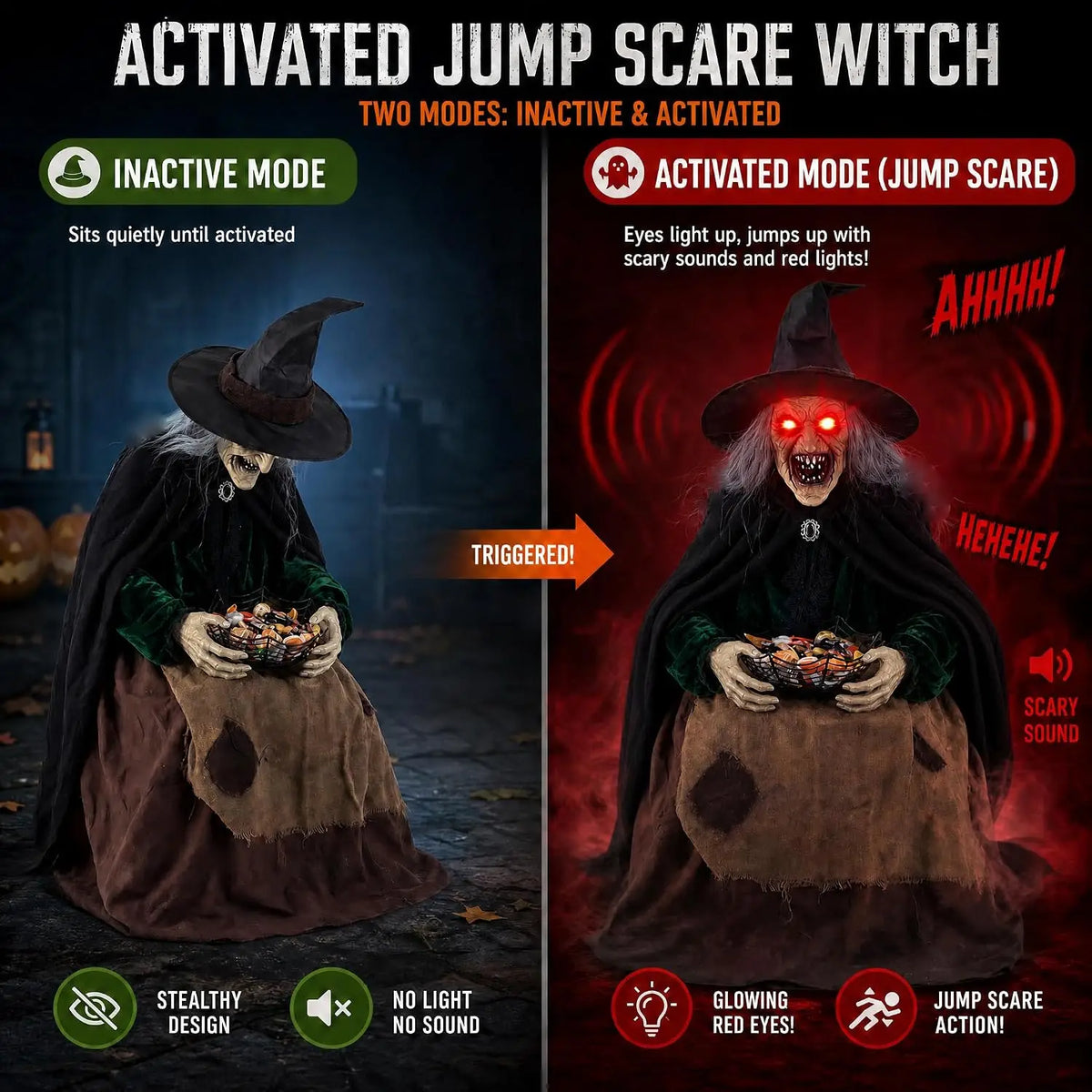 Halloween Animated Witch Decorations Sound Motion Activated Sitting Glowing Eyes Sound Animatronic Scary Decor Porch Yard Haunte