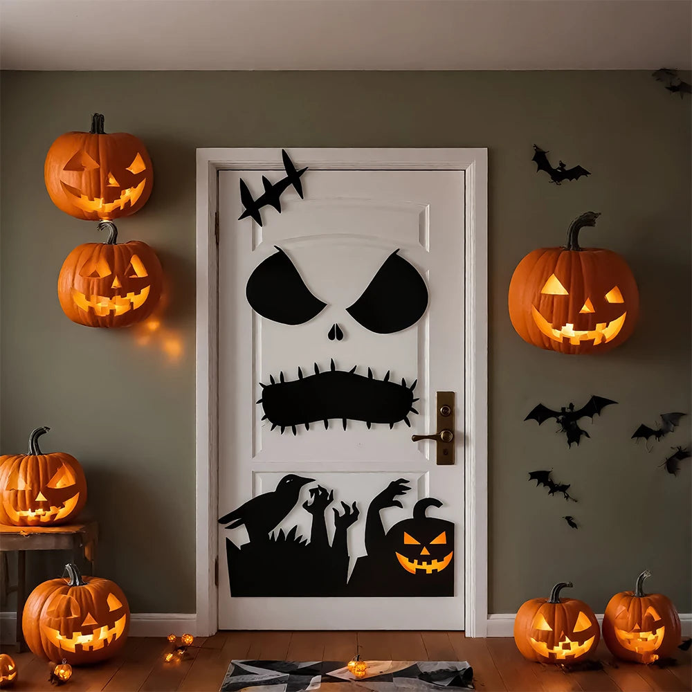 Halloween Decorations Room Door Stickers Window Decor Skeleton Hand Pumpkin DIY Window Stickers Ghost Devil Witch Hat Decor