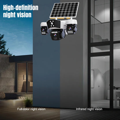 6MP Three Lens Solar Security Camera Wireless WiFi Outdoor PTZ Camera 3 Screen Full Color Night Vision Motion Detection Sound Light Alarm IP66 Waterproof Surveillance Cam