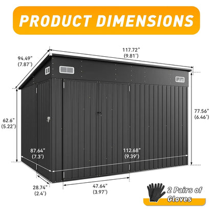 8x10 Metal Outdoor Storage Shed Triple Doors Dual Lock Sloped Roof Galvanized Steel for Mower Bike Garden Tools, Custom
