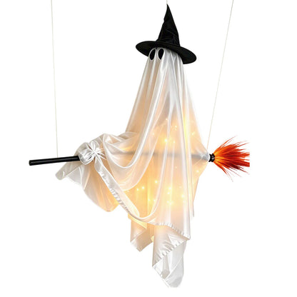Indoor Halloween Decoration Hanging Ghost Flying Broomstick Ornament Witch Hat LED Light Outdoor Yard Decor