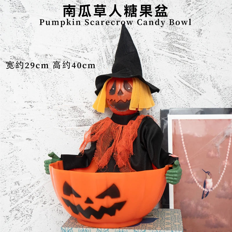 Halloween scene decoration: Pumpkin bucket, funny candy plate, props, ornaments, event atmosphere decorations, bar decor