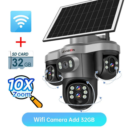 LS VISION 10X Optical Zoom 20MP 4G /Wifi Solar Camera Outdoor 3 Screens 3 PTZ 360° Auto Tracking IP Surveillance Camera V380 Pro