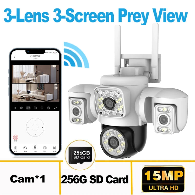 Yoosee 6K 15MP 3 Lens 3 Screens WiFi PTZ IP Camera Outdoor Waterproof Auto Tracking Color Night Vision Security Camera System