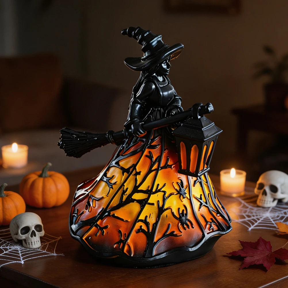Halloween Spookys Witch Lantern Decor 3D Gothic Resin Brooms Figurine Porch Decorative Table Lamp Party Atmosphere Decor