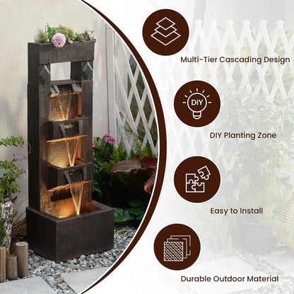 40.9" H 4-Tier Indoor/Outdoor Modern Water Fountain with Led Lights and Pump, Outdoor Freestanding Cascading Waterfall, Custom