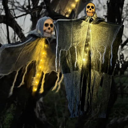 Halloween Home Outdoor Garden Decor Hanging Ghost Ornament Built-in Lighting Skull Skeleton Gauze Accessory Party Scene Setting
