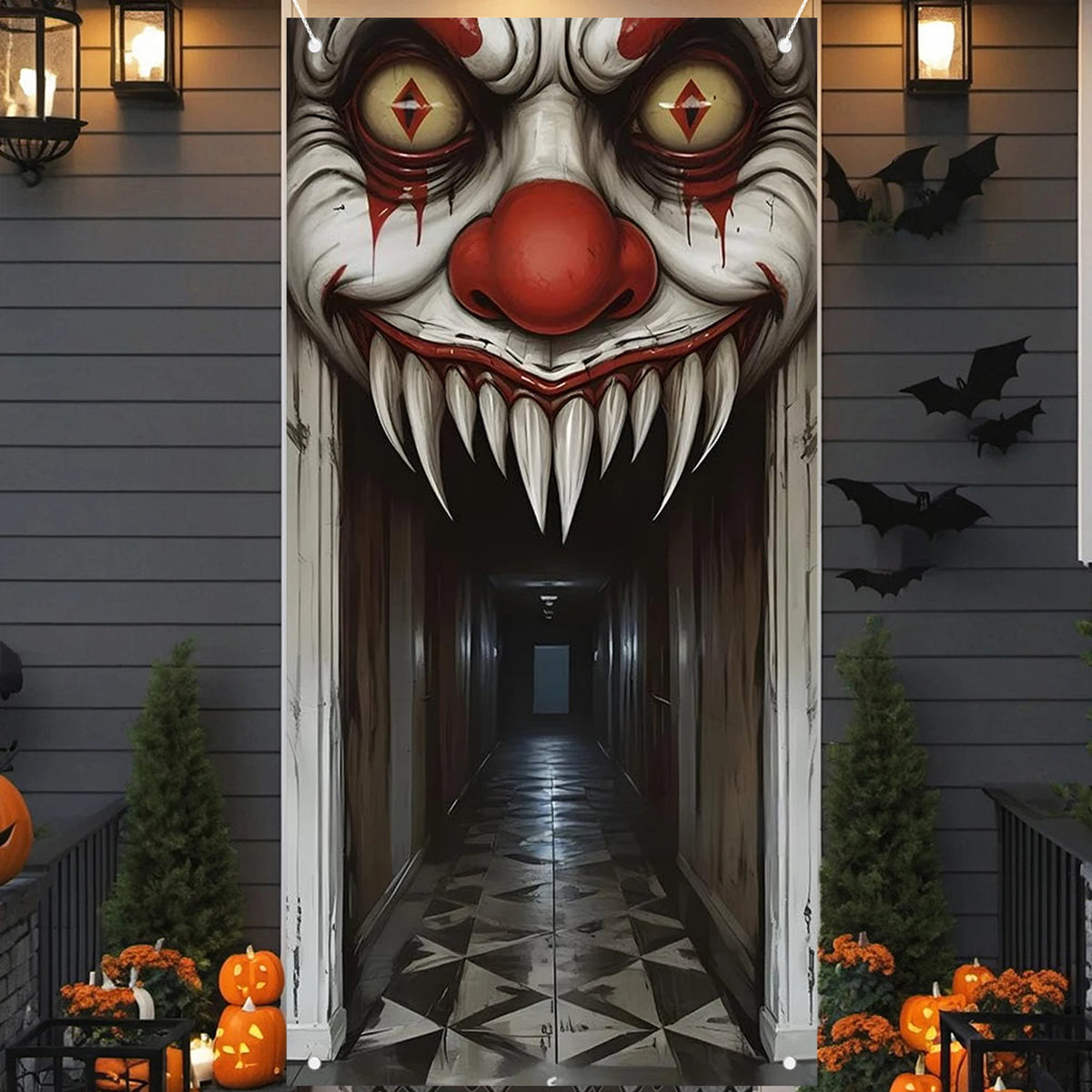 Halloween Decorations Door Cover,Spooky Witch and Zombie Theme Wall Decor,Indoor Outdoor Haunted House Themed Decoration 2D Scen