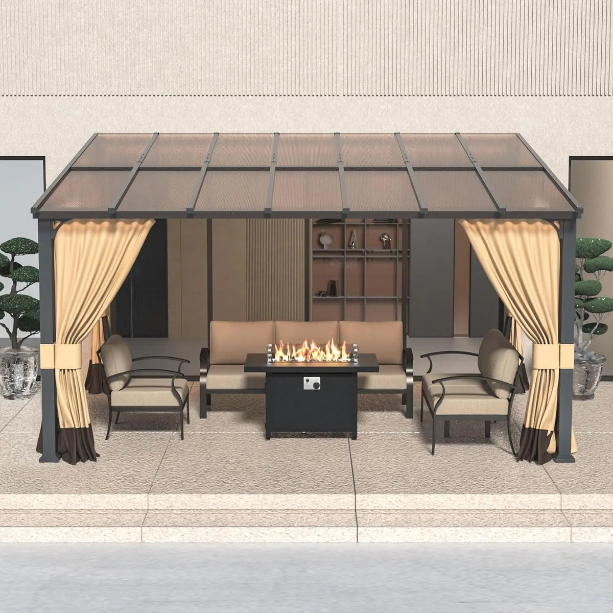 10' x 14' Lean to Gazebo,Large Wall Mount Heavy Duty Gazebos Pavilion,Outdoor Hardtop Pergola Shelter with Curtains, Customized