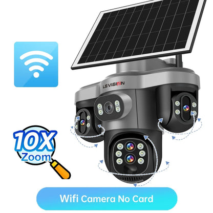 LS VISION 10X Optical Zoom 20MP 4G /Wifi Solar Camera Outdoor 3 Screens 3 PTZ 360° Auto Tracking IP Surveillance Camera V380 Pro