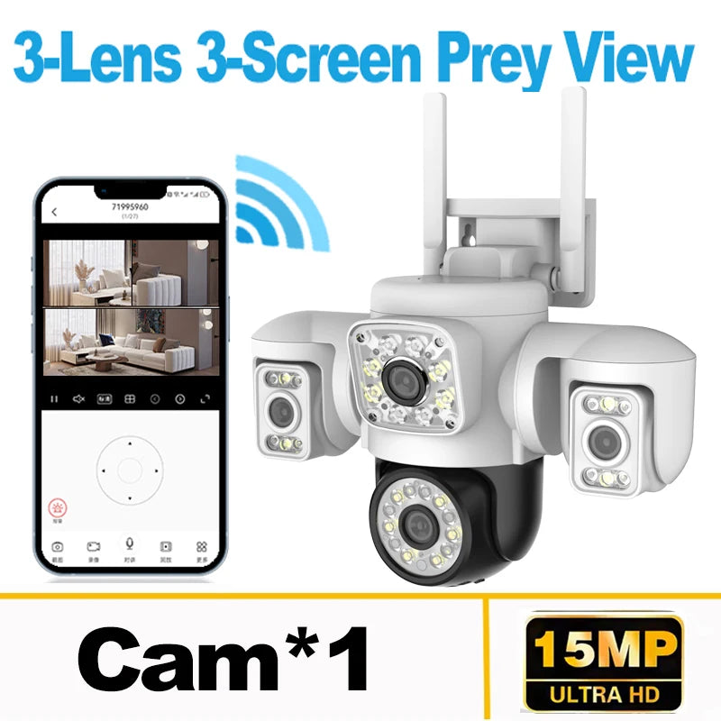 Yoosee 6K 15MP 3 Lens 3 Screens WiFi PTZ IP Camera Outdoor Waterproof Auto Tracking Color Night Vision Security Camera System