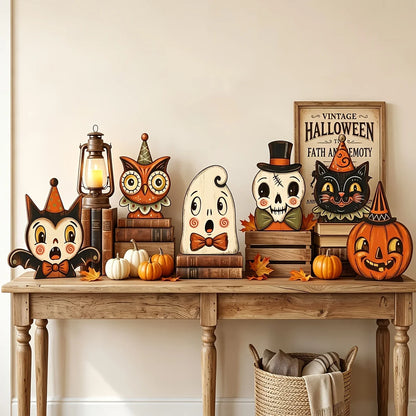 Halloween Decor Indoor,Retro Wooden Block for Shelf Decoration,Cute Ghost,Pumpkin,Black Cat,Skeleton,Witch Owl,Housewarming Gift