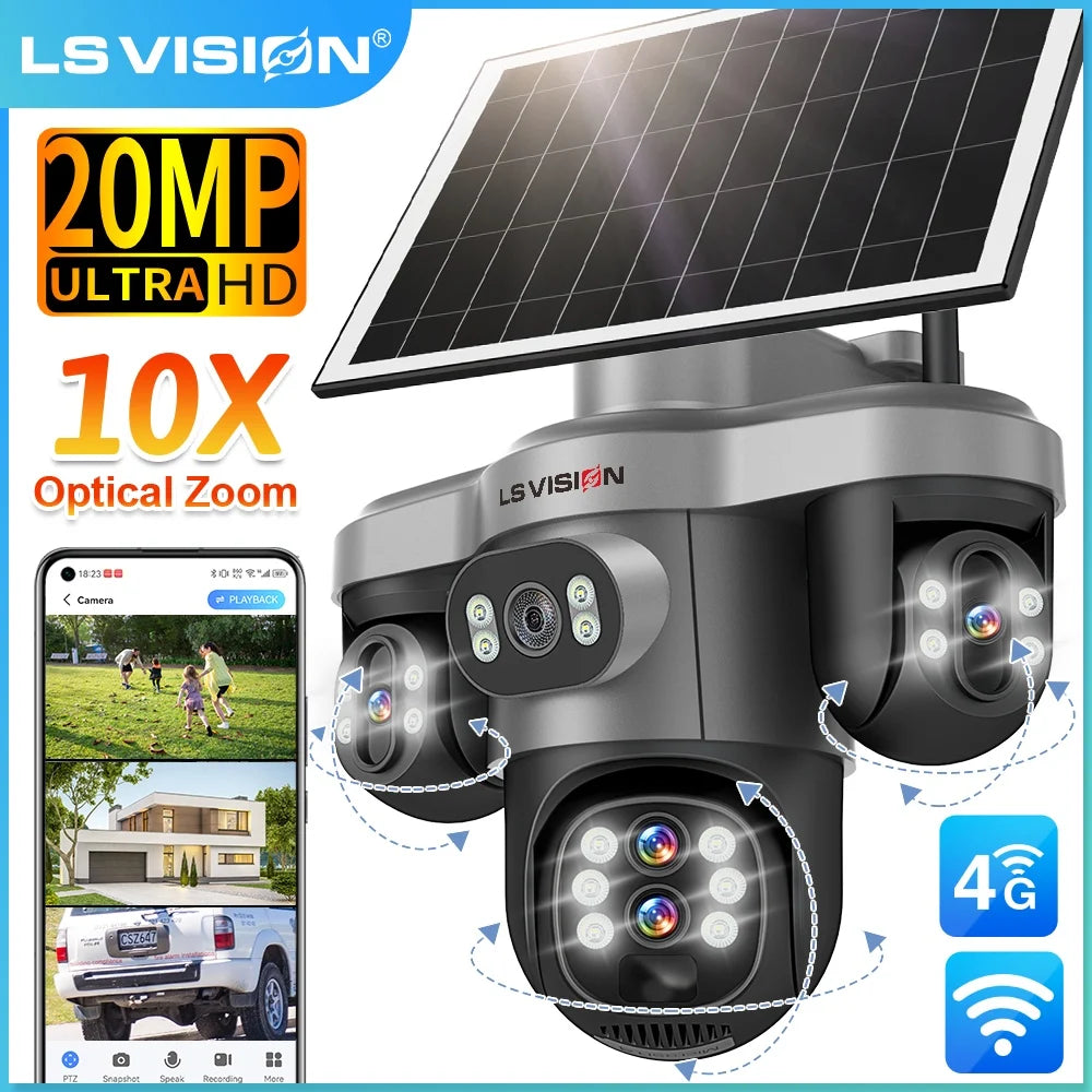 LS VISION 10X Optical Zoom 20MP 4G /Wifi Solar Camera Outdoor 3 Screens 3 PTZ 360° Auto Tracking IP Surveillance Camera V380 Pro