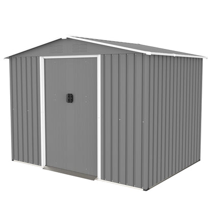 8x6 FT Outdoor Tool Shed, Metal Foundation, Lockable Sliding Doors, All-Weather, Gray, for Garden, Patio, Backyard