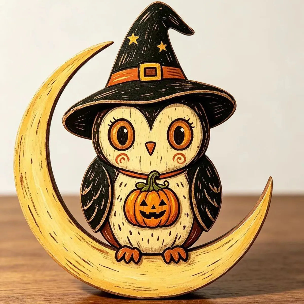 Halloween Wooden Tabletop Decor, Hand-Painted Owl Ghost Pumpkin & Vampire Cat Figurines for Shelf Mantel Party Decoration