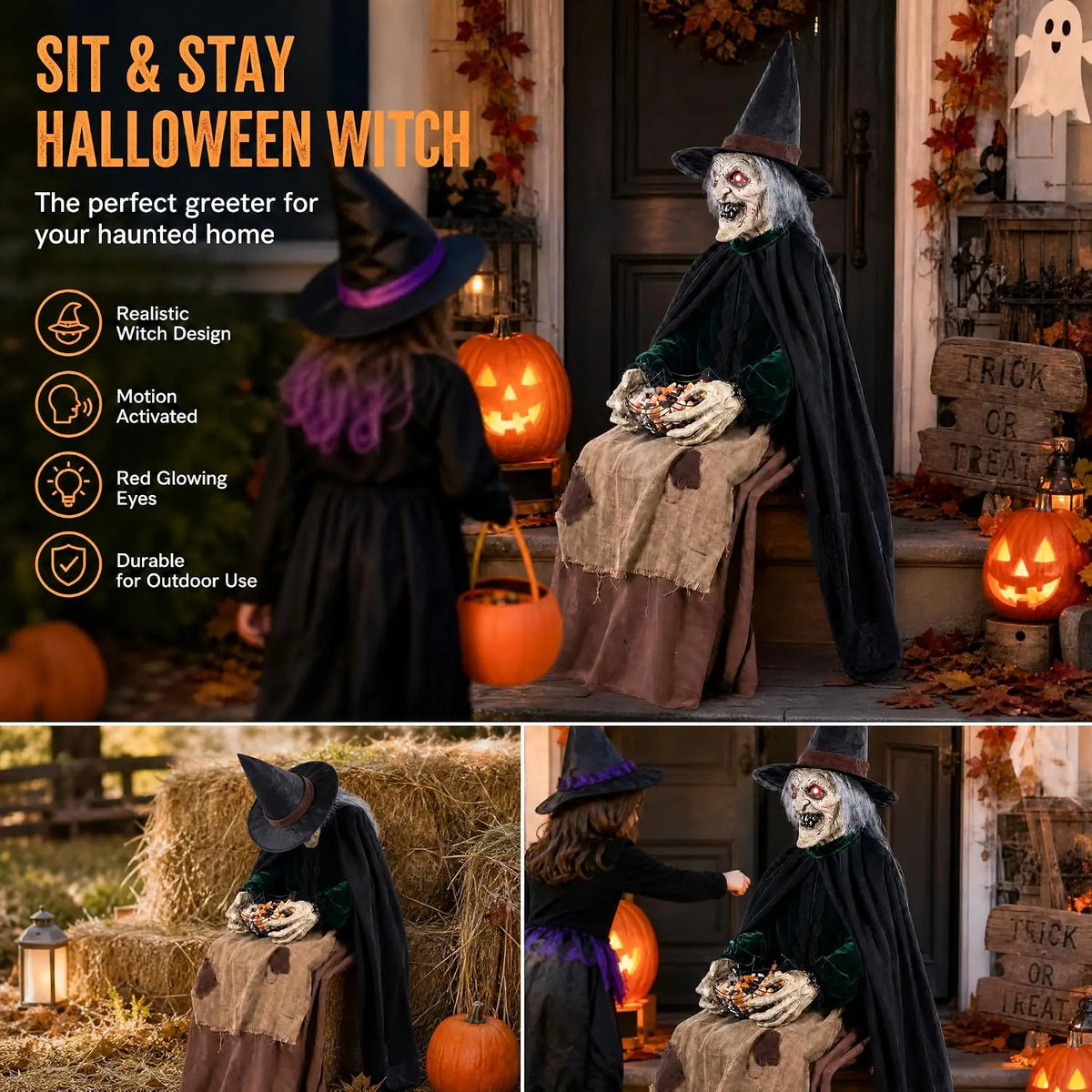 Halloween Animated Witch Decorations Sound Motion Activated Sitting Glowing Eyes Sound Animatronic Scary Decor Porch Yard Haunte