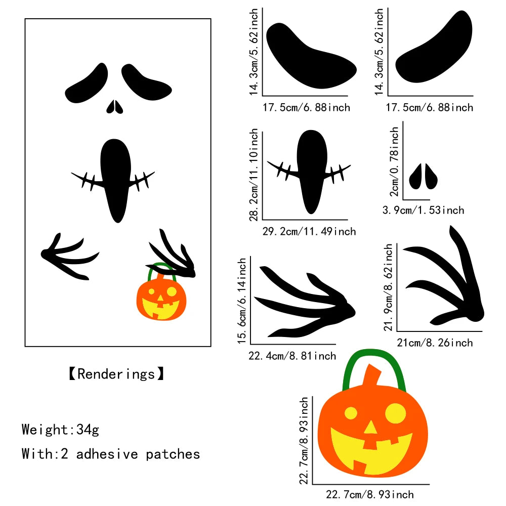 Halloween Decorations Room Door Stickers Window Decor Skeleton Hand Pumpkin DIY Window Stickers Ghost Devil Witch Hat Decor