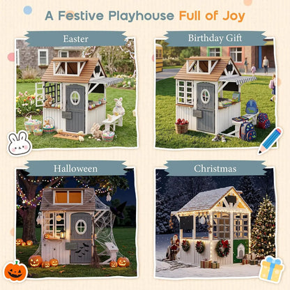 Durable Fir Wood Outdoor Kids Playhouse,Waterproof Roof With Kitchen Set & Chalkboard, Custom