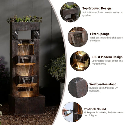 40.9" H 4-Tier Indoor/Outdoor Modern Water Fountain with Led Lights and Pump, Outdoor Freestanding Cascading Waterfall, Custom