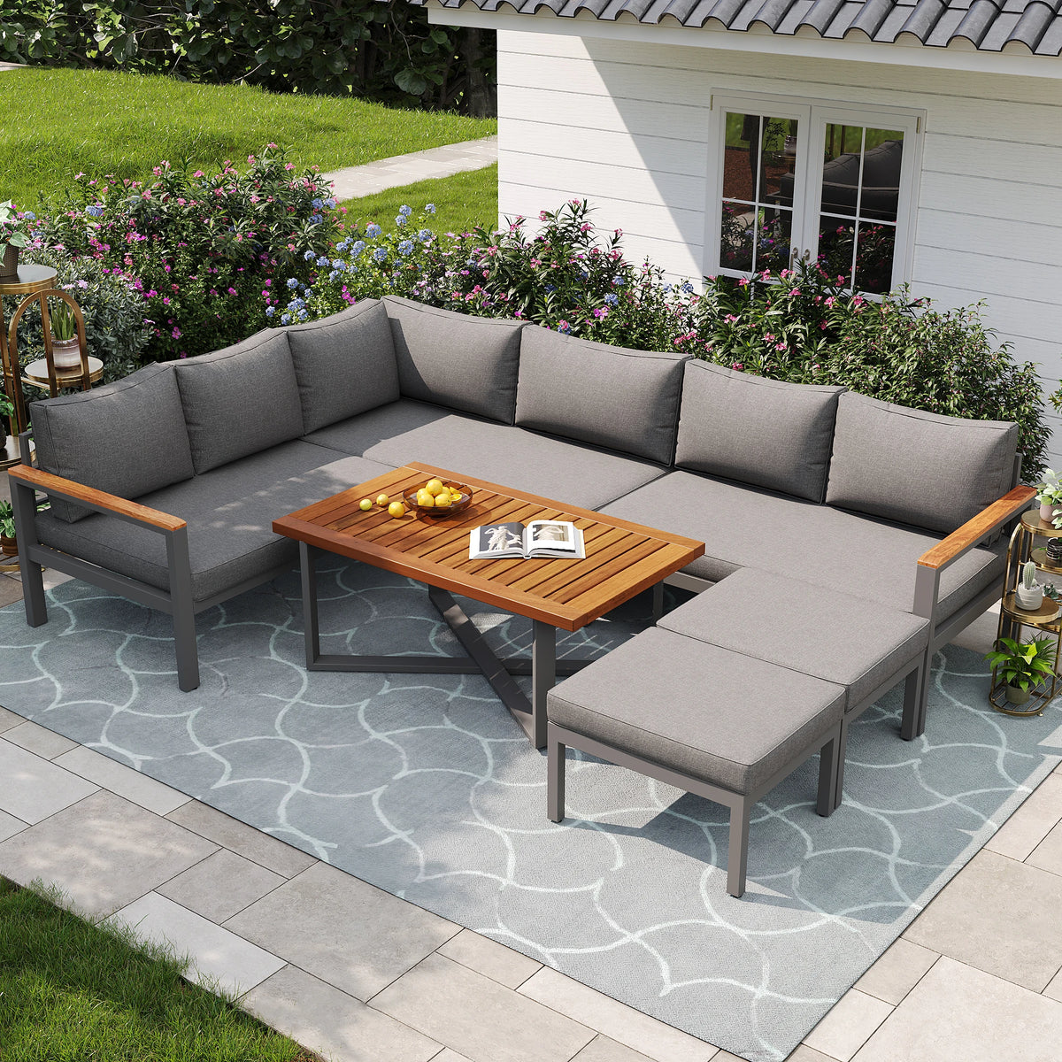 PINGGO Outdoor Garden Furniture Set With 2 Sofas and Table with Galvanised Iron Frame, Adjustable Backrests, Adjustable Table