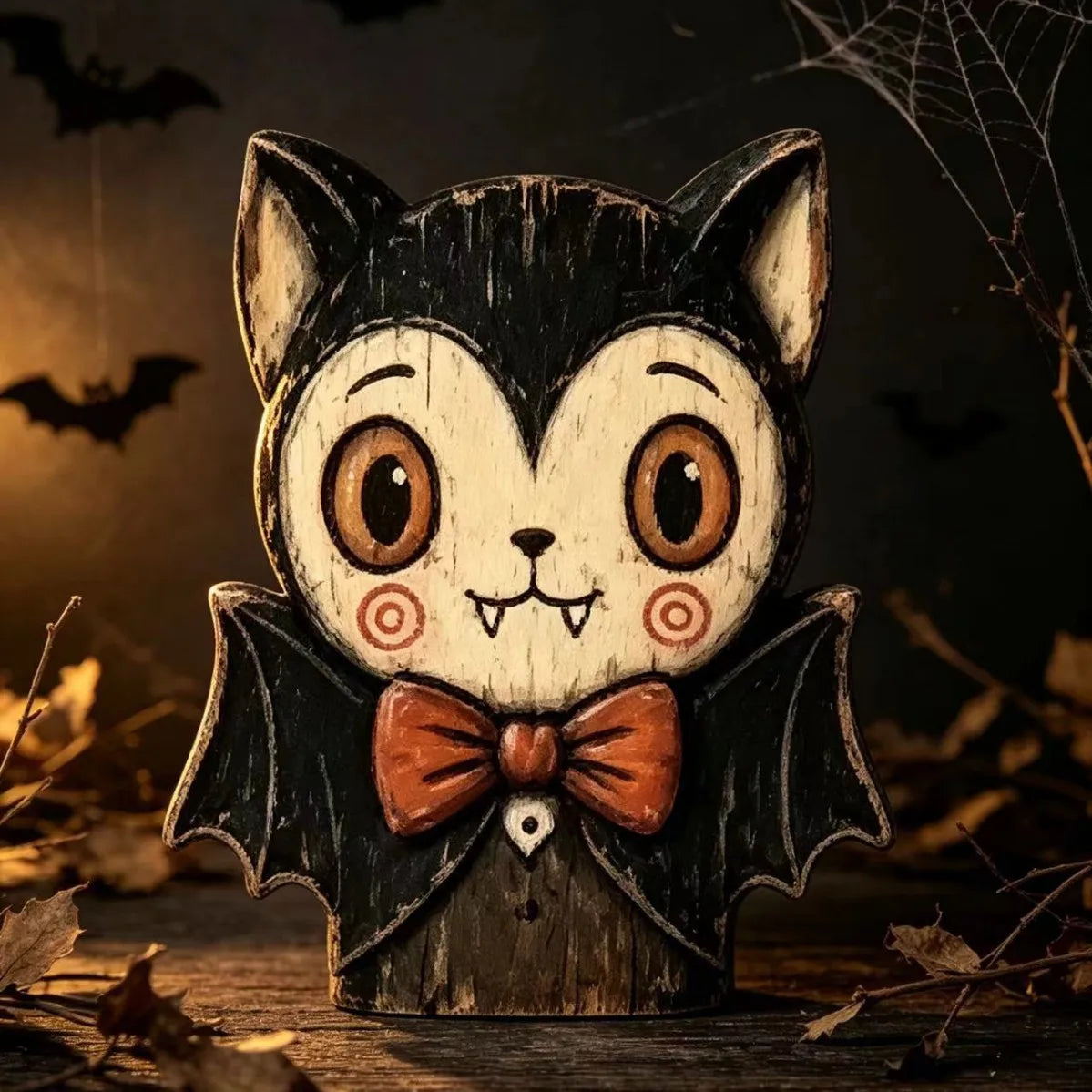Halloween Wooden Tabletop Decor, Hand-Painted Owl Ghost Pumpkin & Vampire Cat Figurines for Shelf Mantel Party Decoration