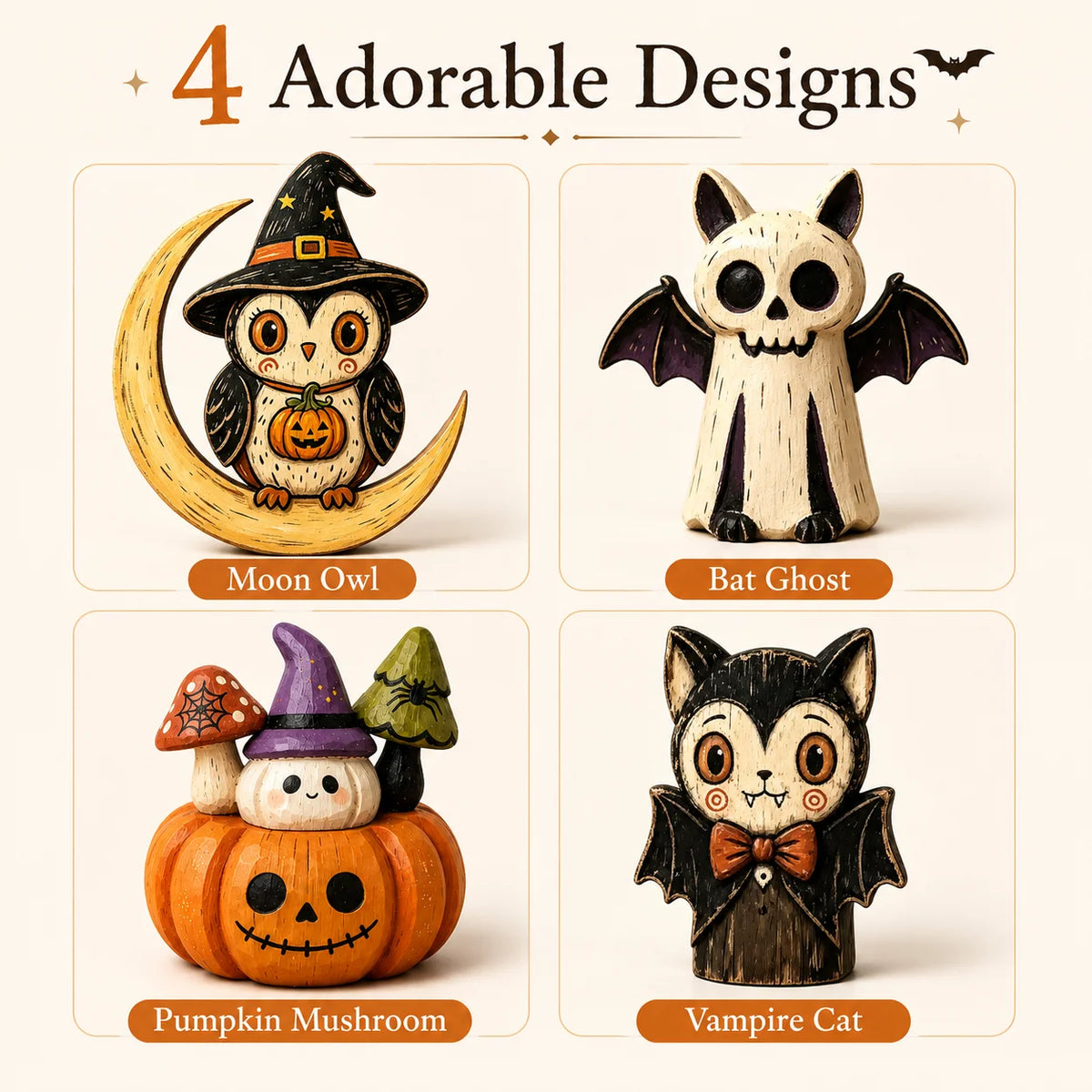 Halloween Wooden Tabletop Decor, Hand-Painted Owl Ghost Pumpkin & Vampire Cat Figurines for Shelf Mantel Party Decoration