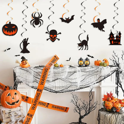 Halloween Hanging Swirl Decorations, Pumpkin Spider Bat Skull Ghost Black Cat Cutout Ceiling Streamer Party Decor