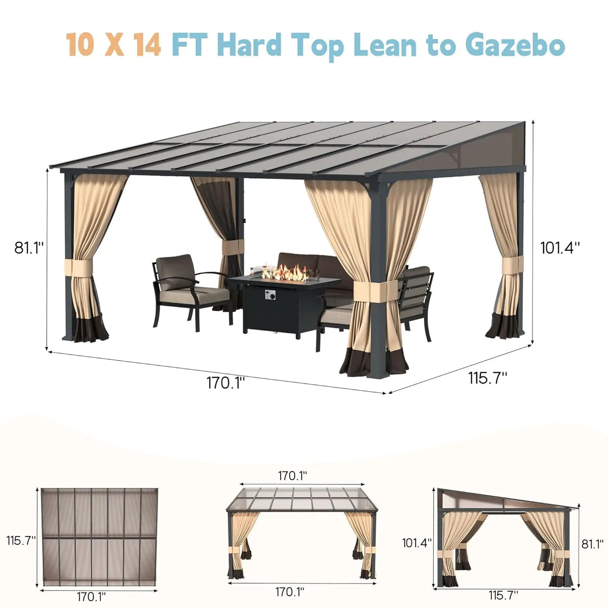 10' x 14' Lean to Gazebo,Large Wall Mount Heavy Duty Gazebos Pavilion,Outdoor Hardtop Pergola Shelter with Curtains, Customized