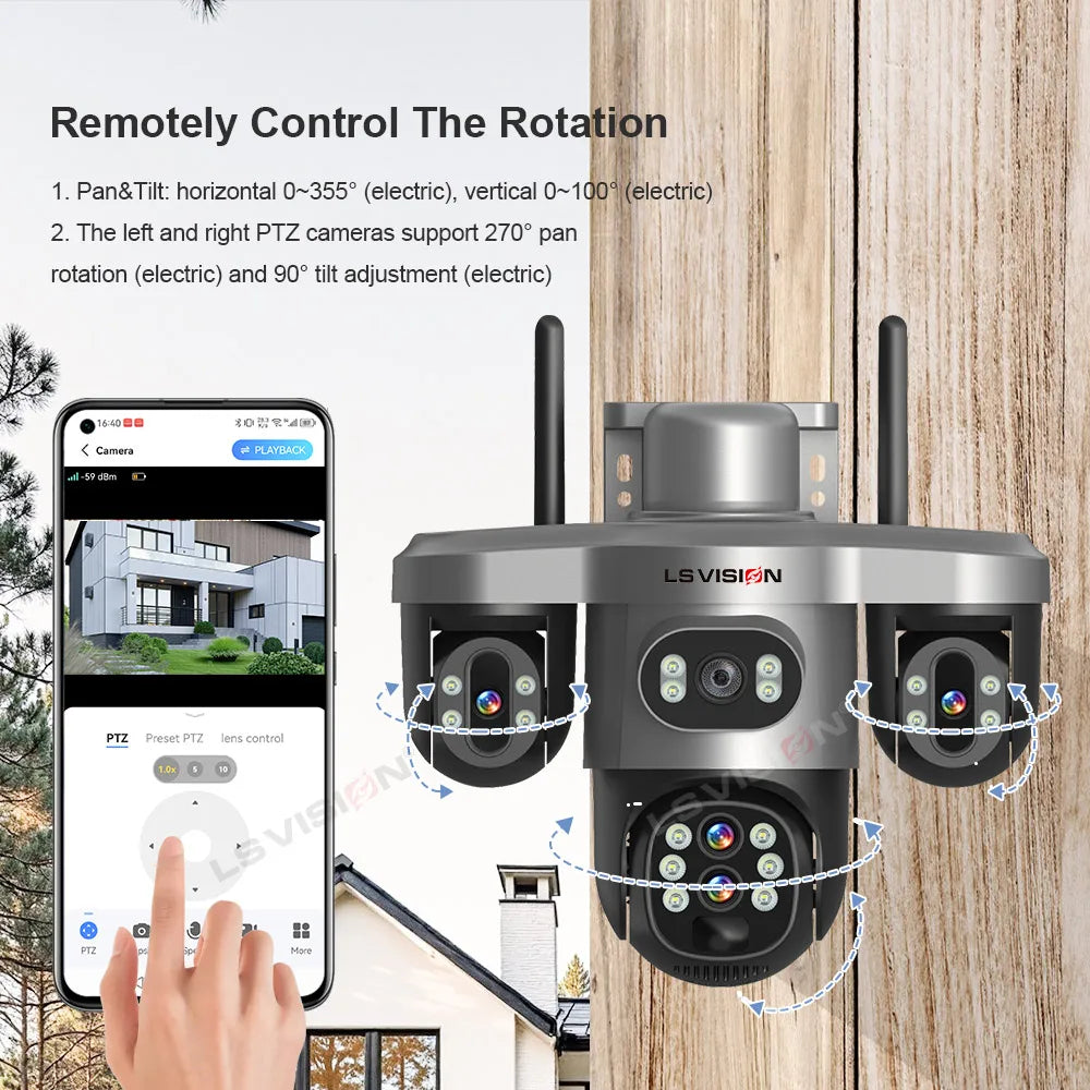 LS VISION 10X Optical Zoom 20MP 4G /Wifi Solar Camera Outdoor 3 Screens 3 PTZ 360° Auto Tracking IP Surveillance Camera V380 Pro